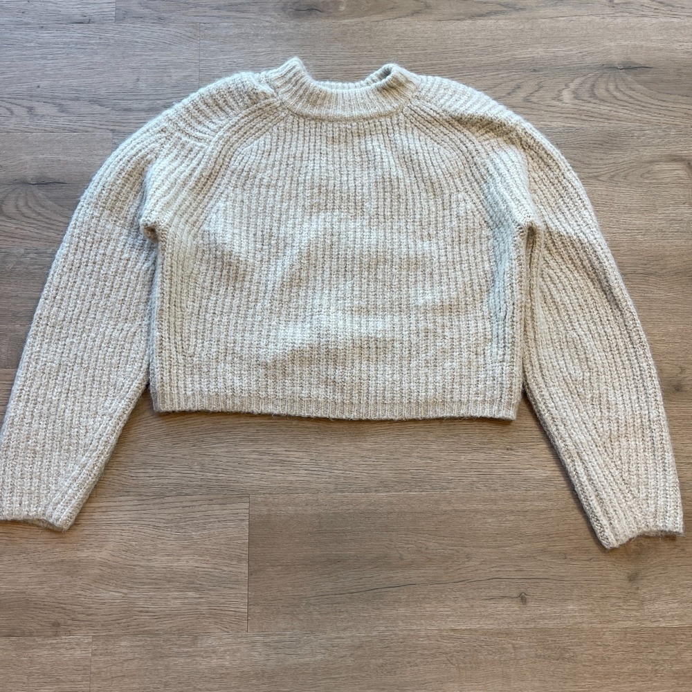 Beige Botany Womens L Chunky Knit Cropped Sweater Oatmeal Cream Pullover Mock